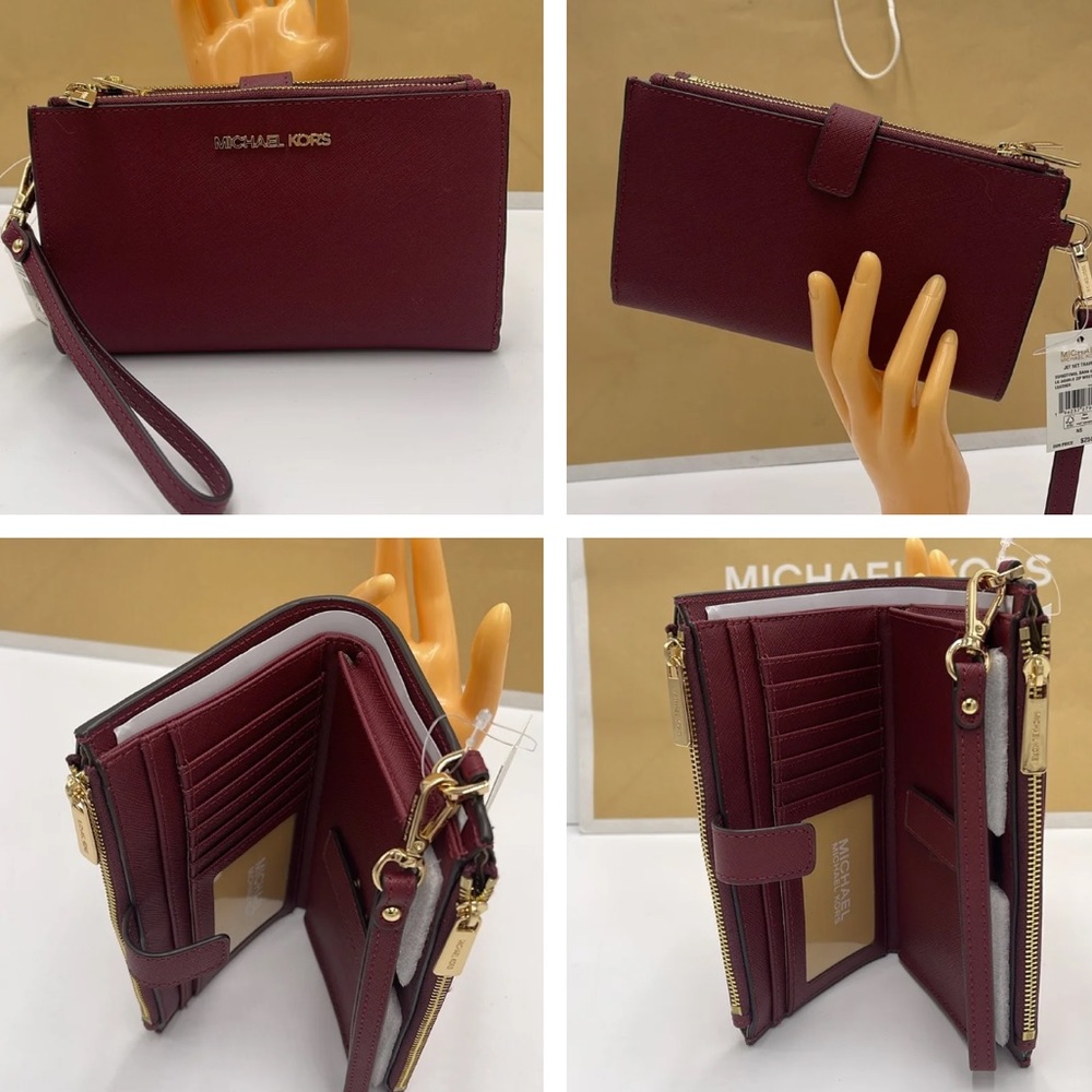 Jet Set Travel LG Double Zip Wristlet Wallet Phone Case Leather Dark Cherry NWT - Picture 9 of 16